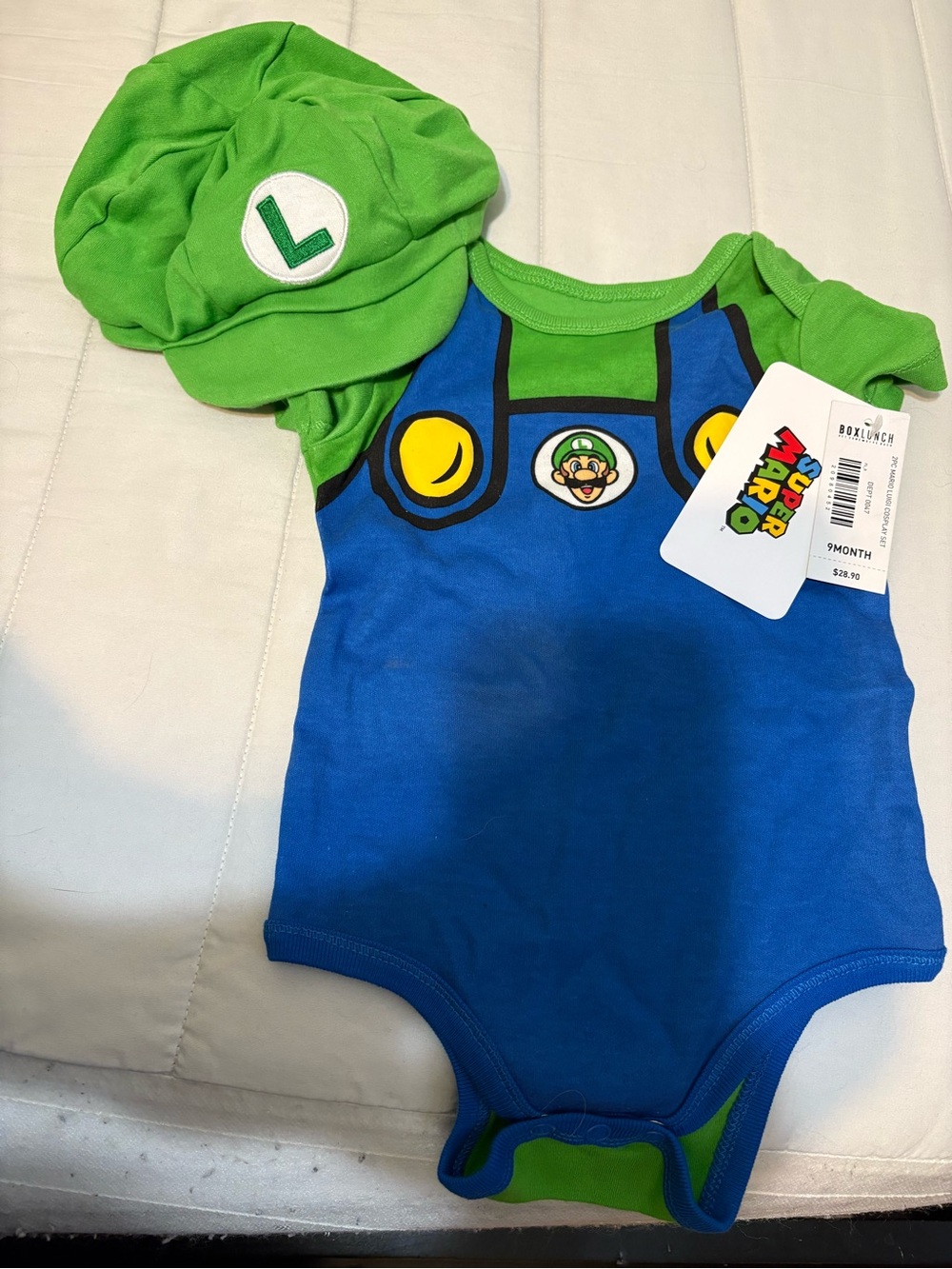 Super Mario Luigi-Inspired Blue & Green Baby Bodysuit with Hat